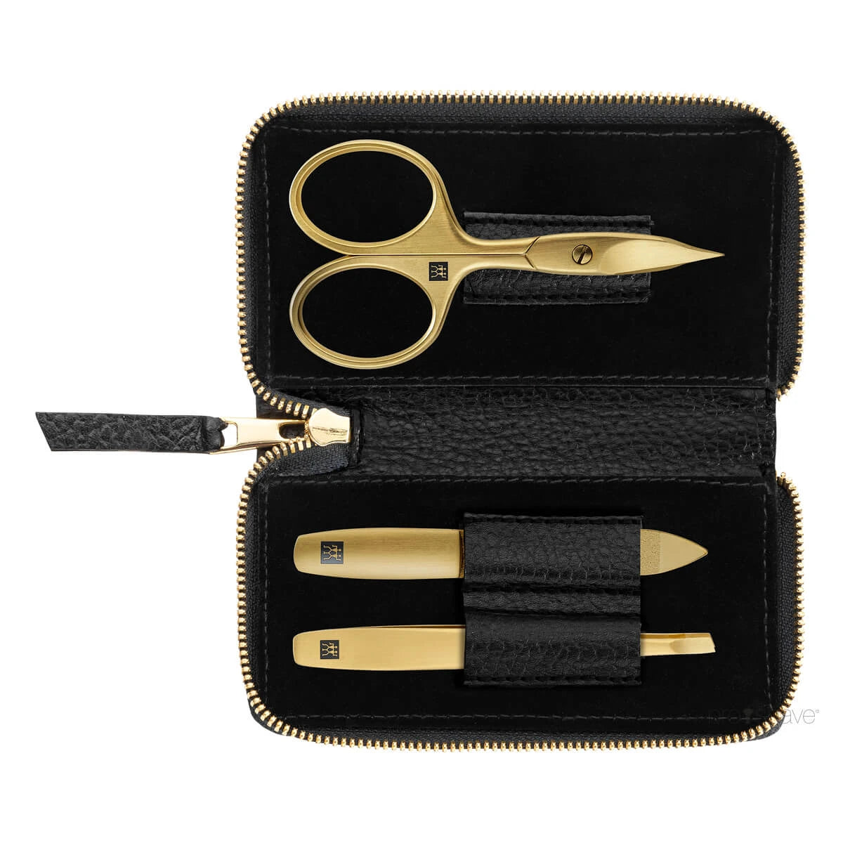 Manikyrset, 3 delar, Guld, Svart läder