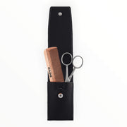 Beard & Grooming Set med sax och kam i trä, svart läder