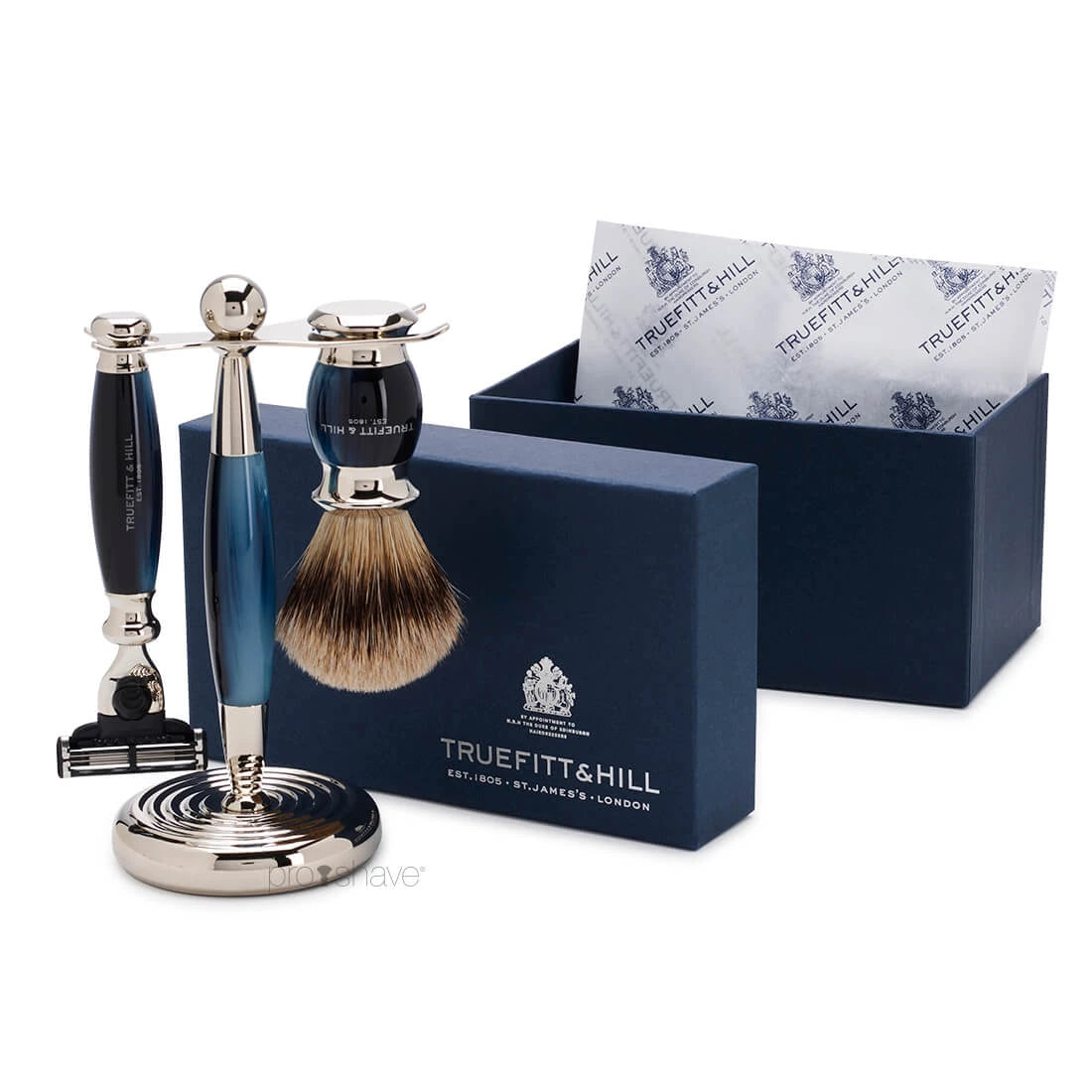 Rakset med Fusion Rakhyvel, Badger Borste och Hållare, Edwardian, Faux Blue Opal