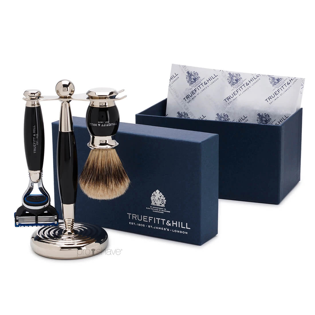 Rakset med Fusion Rakhyvel, Badger Borste och Hållare, Edwardian, Faux Ebony