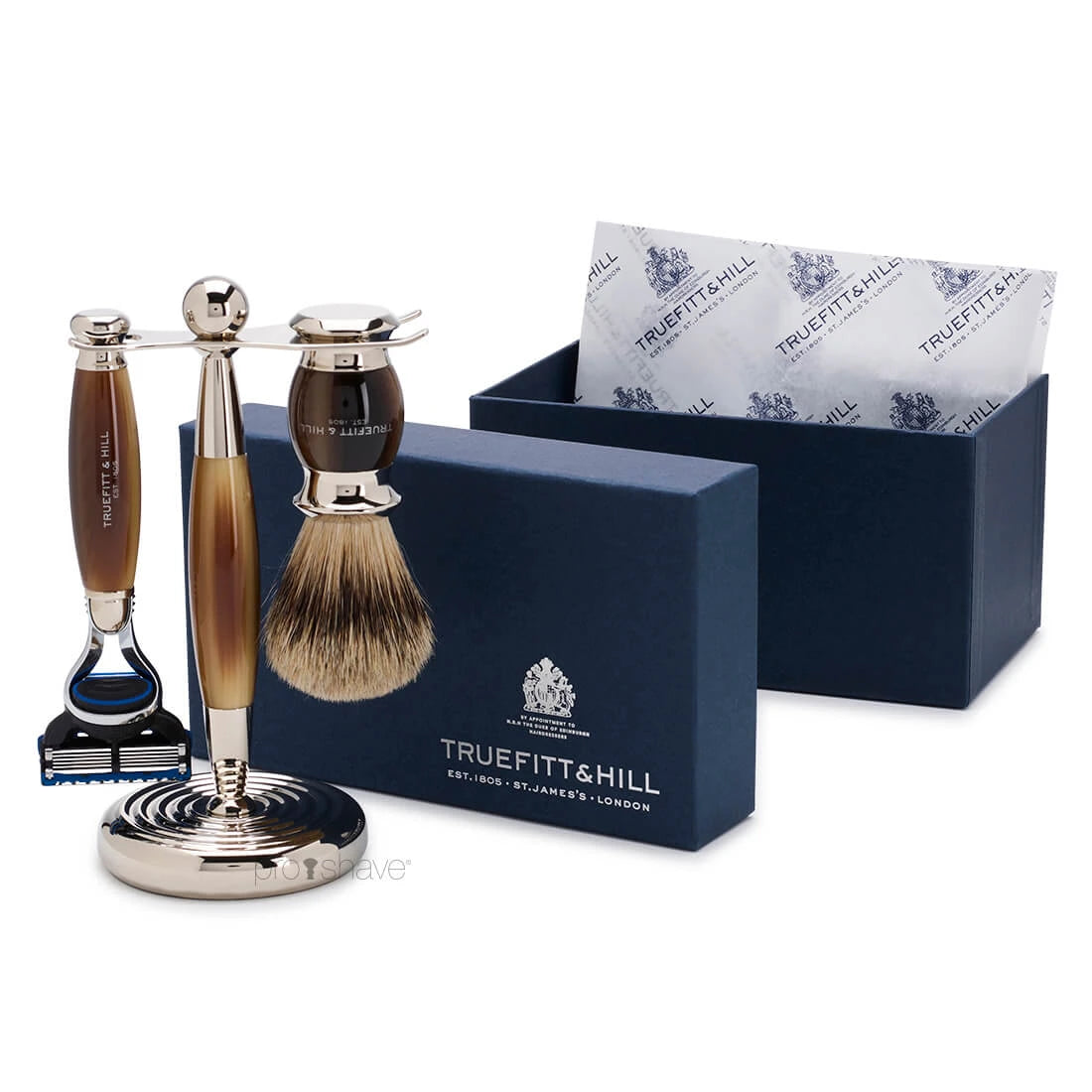 Rakset med Fusion Rakhyvel, Badger Borste och Hållare, Edwardian, Faux Horn