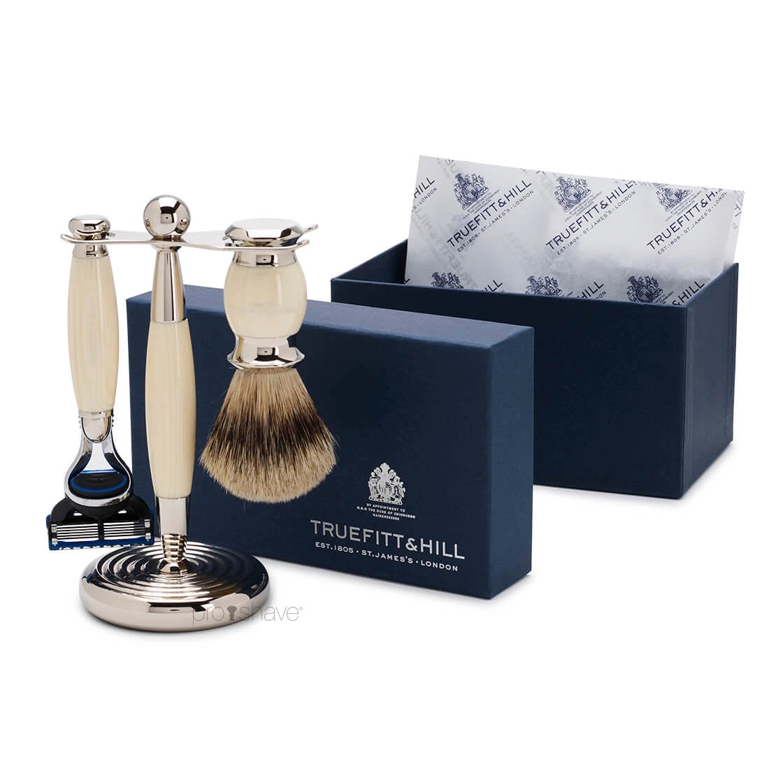 Rakset med Fusion Rakhyvel, Badger Borste och Hållare, Edwardian, Faux Ivory