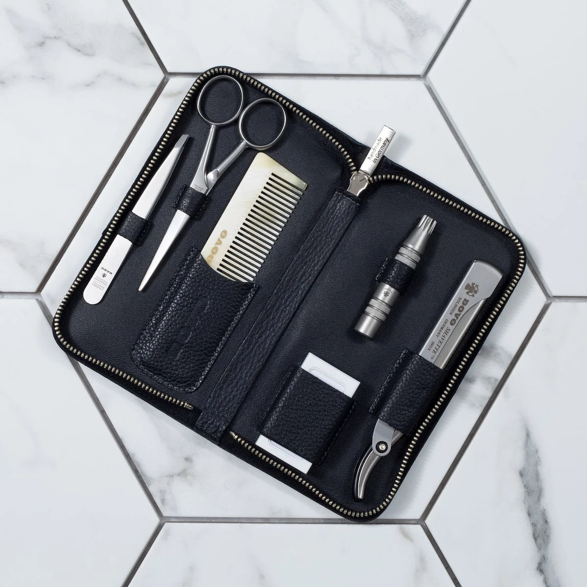 Beard & Grooming Set med 6 delar, svart läder