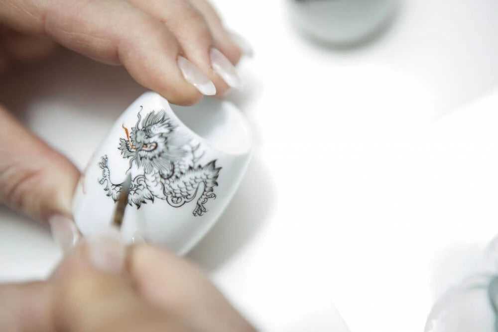 Meissen Porcelain Rakset med Fusion Rakshyvel, Silvertip Rakborste och Hållare, Porslin