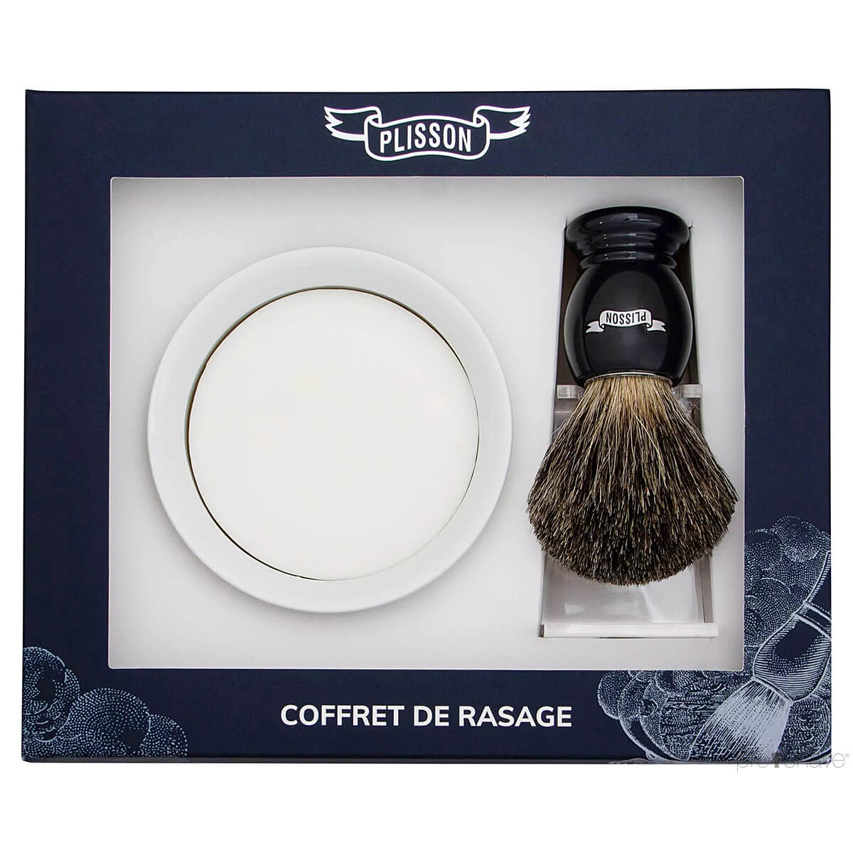 Startset med Rakborste av Russian Grey Badger, hållare och porslinsskål med Raktvål, Svart