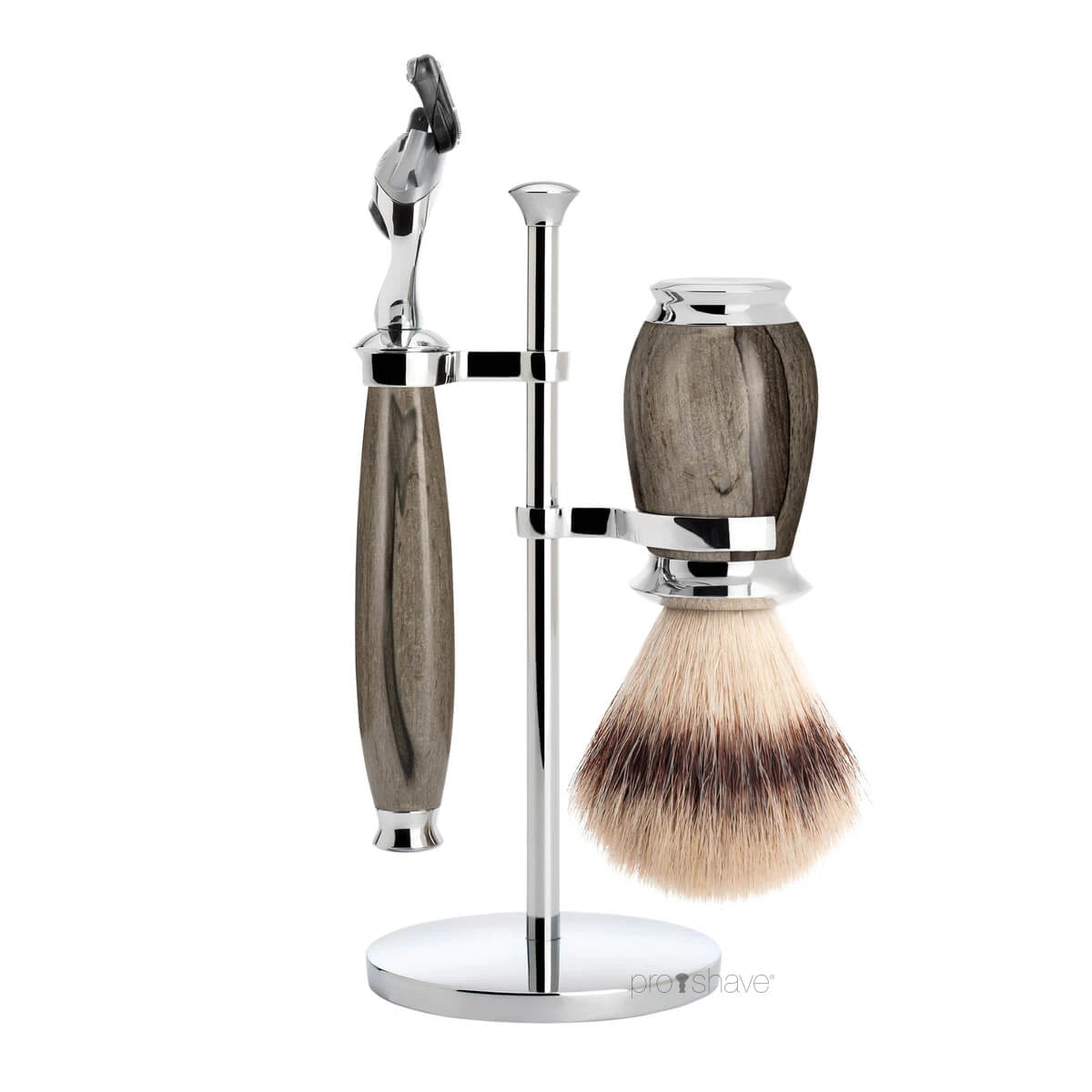 Rakset med Fusion Rakhyvel, Silvertip Fibre® Rakborste och hållare, Purist, Grained Beech