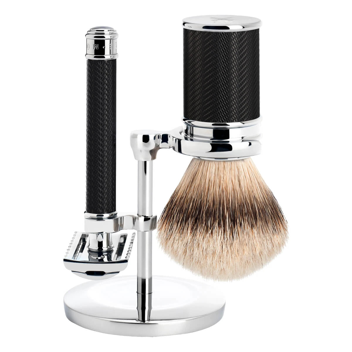 Rakset med Säkerhetshyvel (öppen kam), Rakborste och Hållare, Traditional, Svart