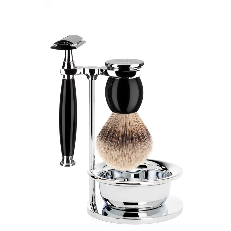 Rakset med Säkerhetshyvel, Silvertip Rakborste, hållare och skål, Sophist, Black Resin