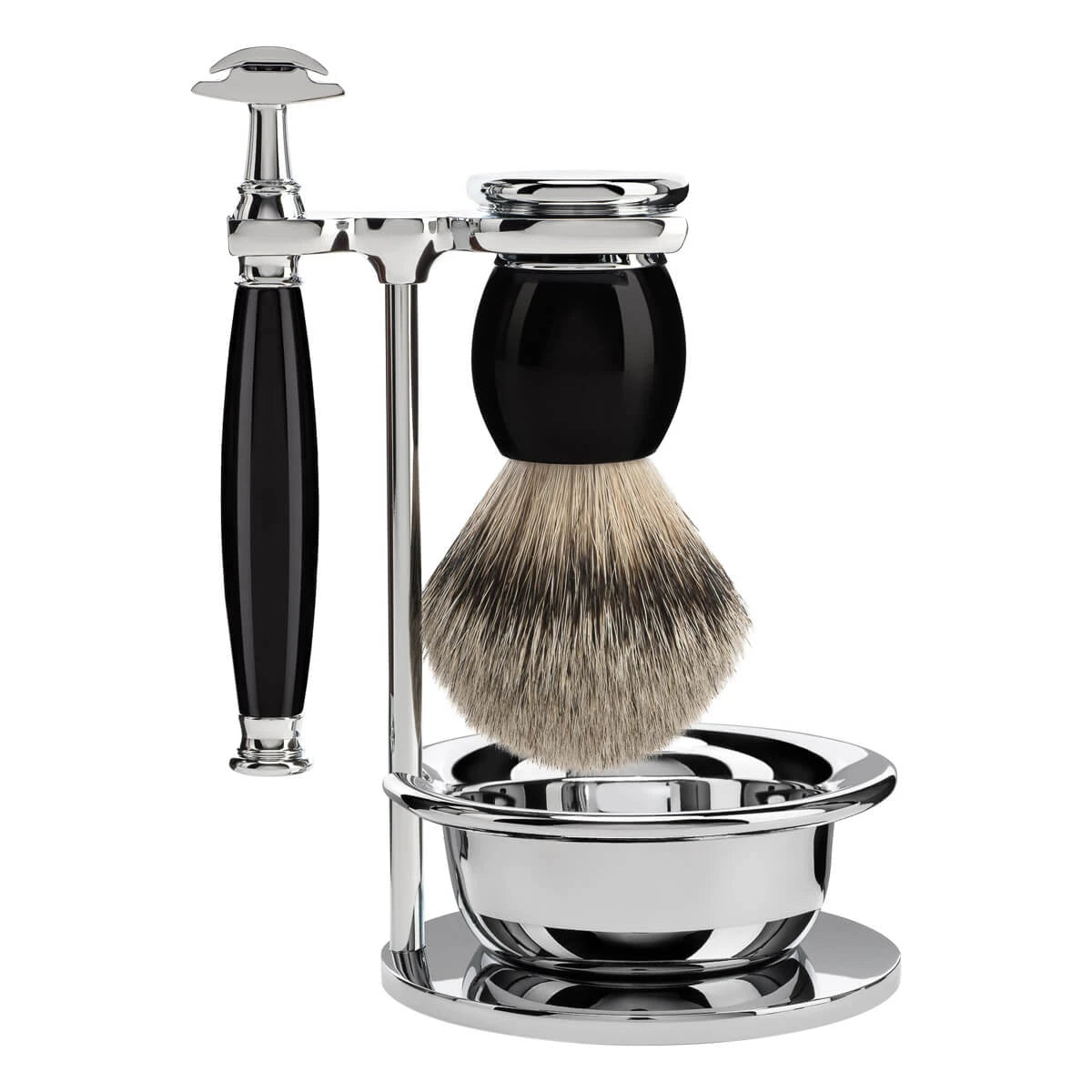Rakset med Säkerhetshyvel, Silvertip Rakborste, hållare och skål, Sophist, Black Resin