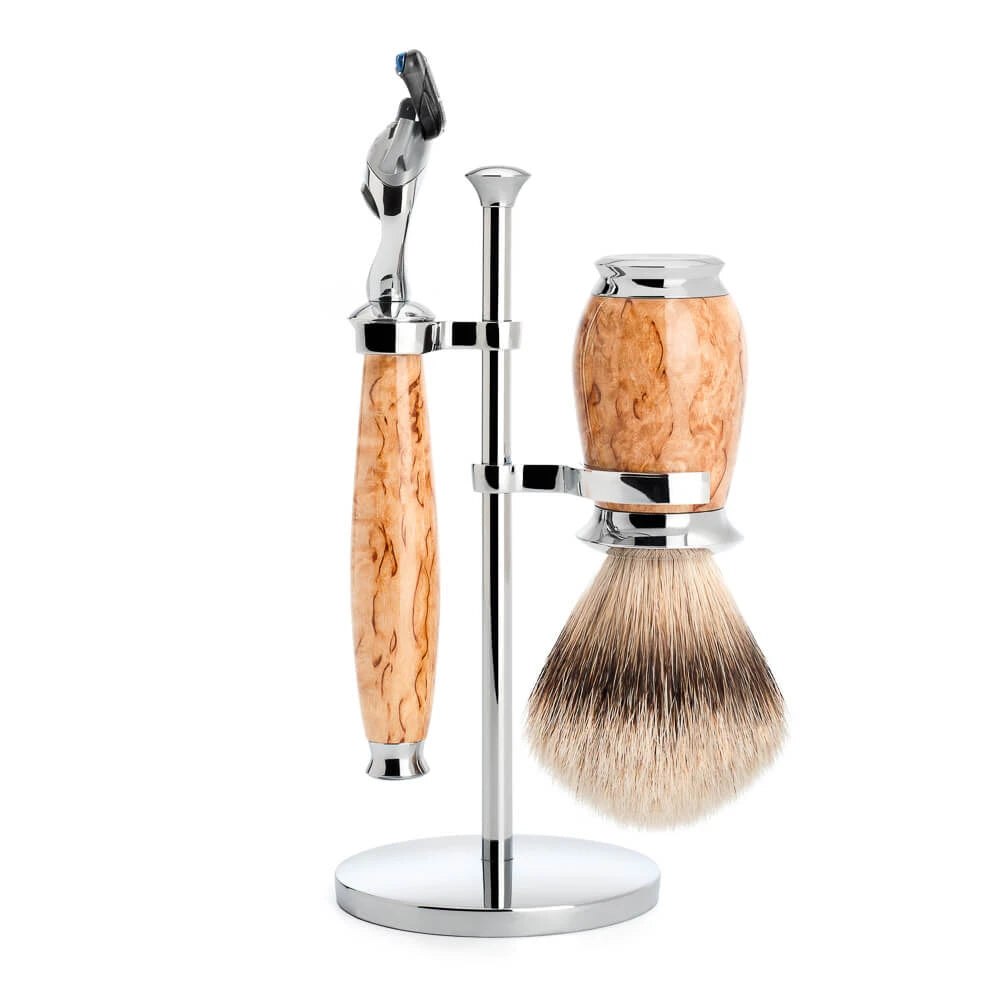 Rakset med rakhyvel, rakborste och hållare, Purist, Karelian Burl Birch