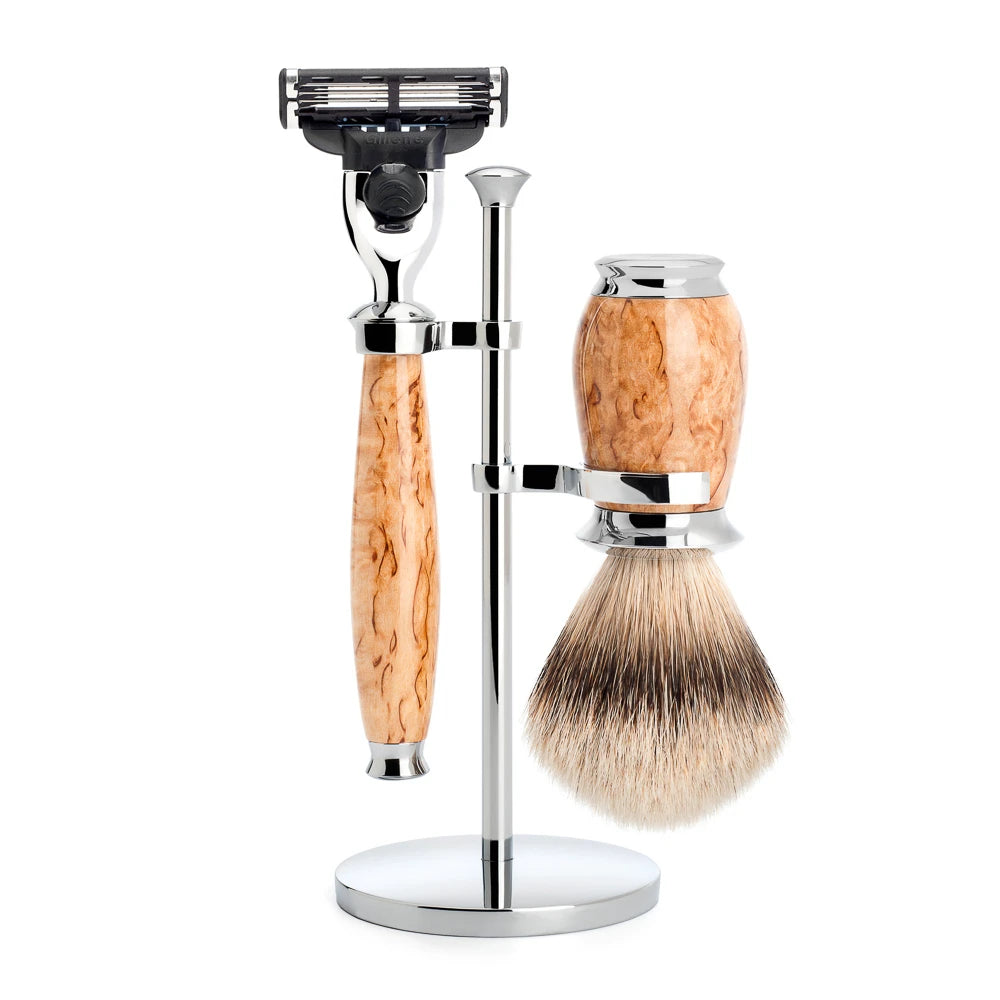 Rakset med Mach3 Rakhyvel, Rakborste och Hållare, Purist, Karelian Burl Birch