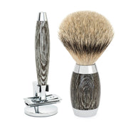 Edition No. 3, Rakset med Säkerhetshyvel, Silvertip Badger Rakborste och Rakhållare, Moss Oak & Sterling Silver